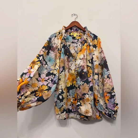 ANTHROPOLOGIE Maeve Moxy Collective Blouse Button Up Watercolor Floral Linen 1X - Picture 6 of 13